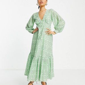 NEW Sparkly Green Plus Sz 26 Lined Tiered Empire Waist Long Sleeve Maxi Dress